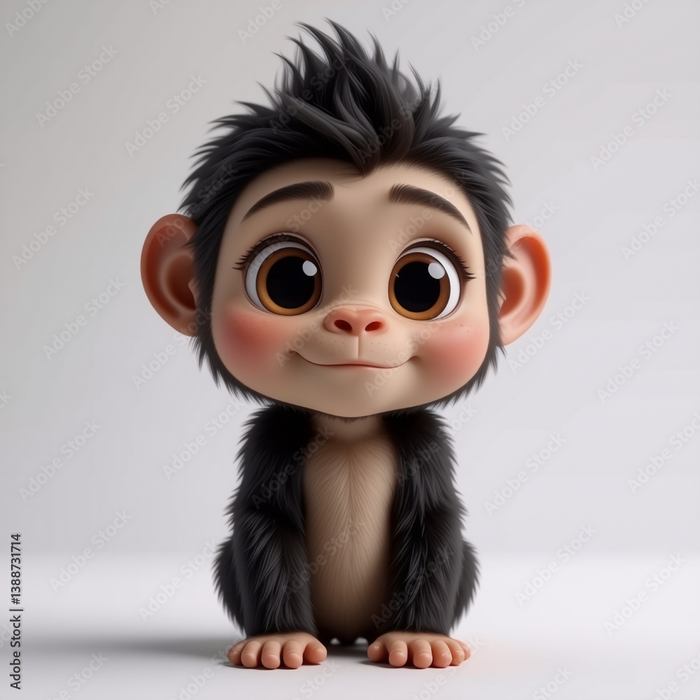 Poster adorable cartoon monkey with large, expressive eyes and soft, fluffy black fur. it is sitting and sm