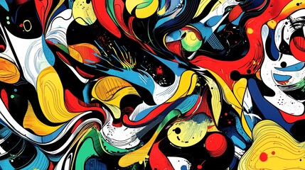 Abstract artwork featuring vibrant colors and playful swirling shapes design