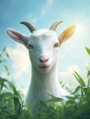 Fototapeta premium Smiling White Goat Portrait in Green Grass Against a Sunny Sky