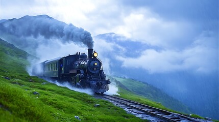 Obraz premium Steam Train in Mountain Rain