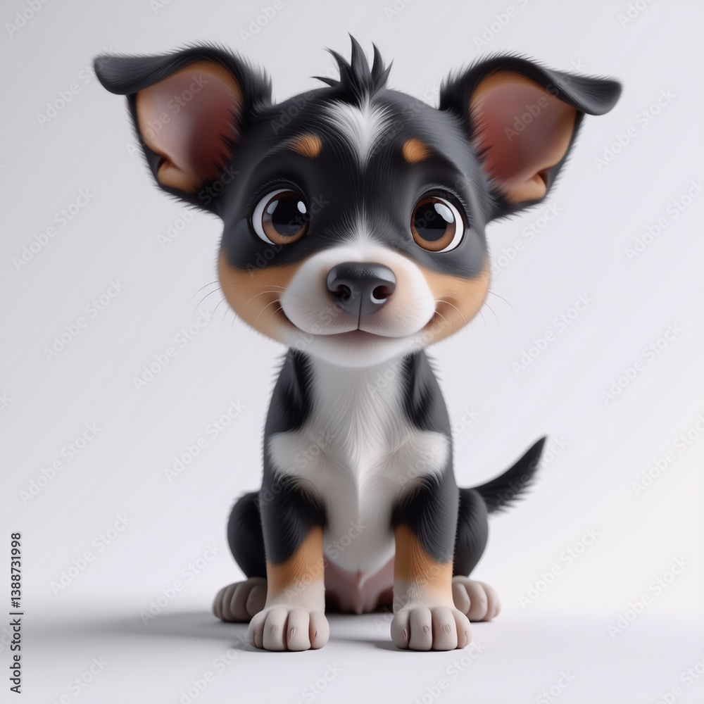 Poster a charming cartoon puppy with big, expressive eyes and floppy ears is sitting calmly on a white surf