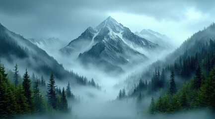 Obraz premium The mountains are covered in fog and trees