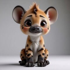 A charming cartoon hyena cub with big, expressive eyes and spotted fur sits cheerfully, rendered in a delightful digital art style.