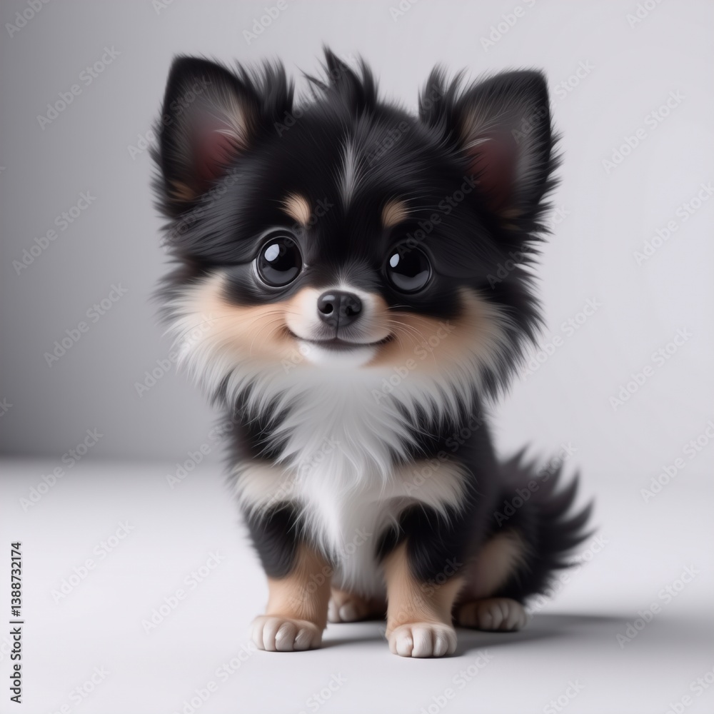 Poster a fluffy black and tan chihuahua puppy with big, expressive eyes sits sweetly against a plain backgr