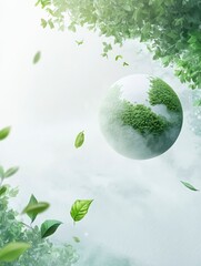 Floating Earth with Greenery and Leaves Symbolizing Environmental Awareness