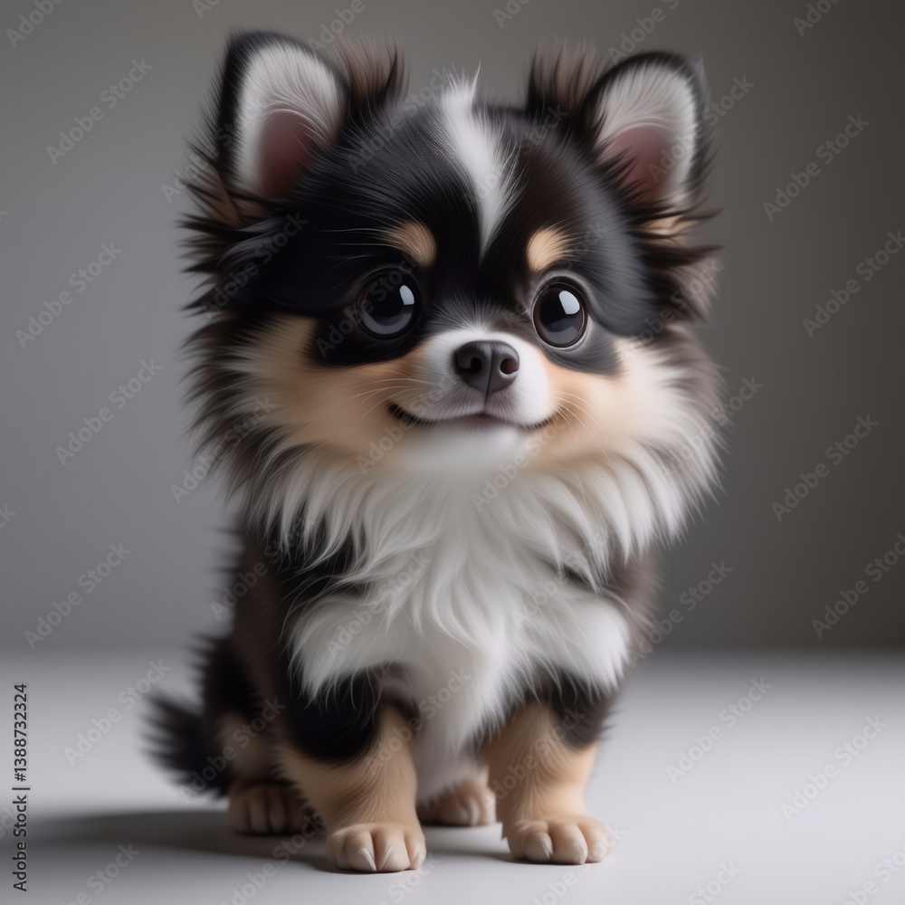 Poster a fluffy chihuahua puppy with black, white, and brown fur sits attentively, looking directly at the 