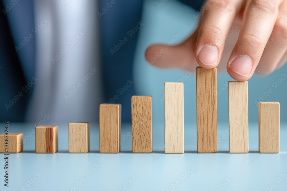 Poster minimalist business growth strategy wooden block data visualization revealing incremental success in