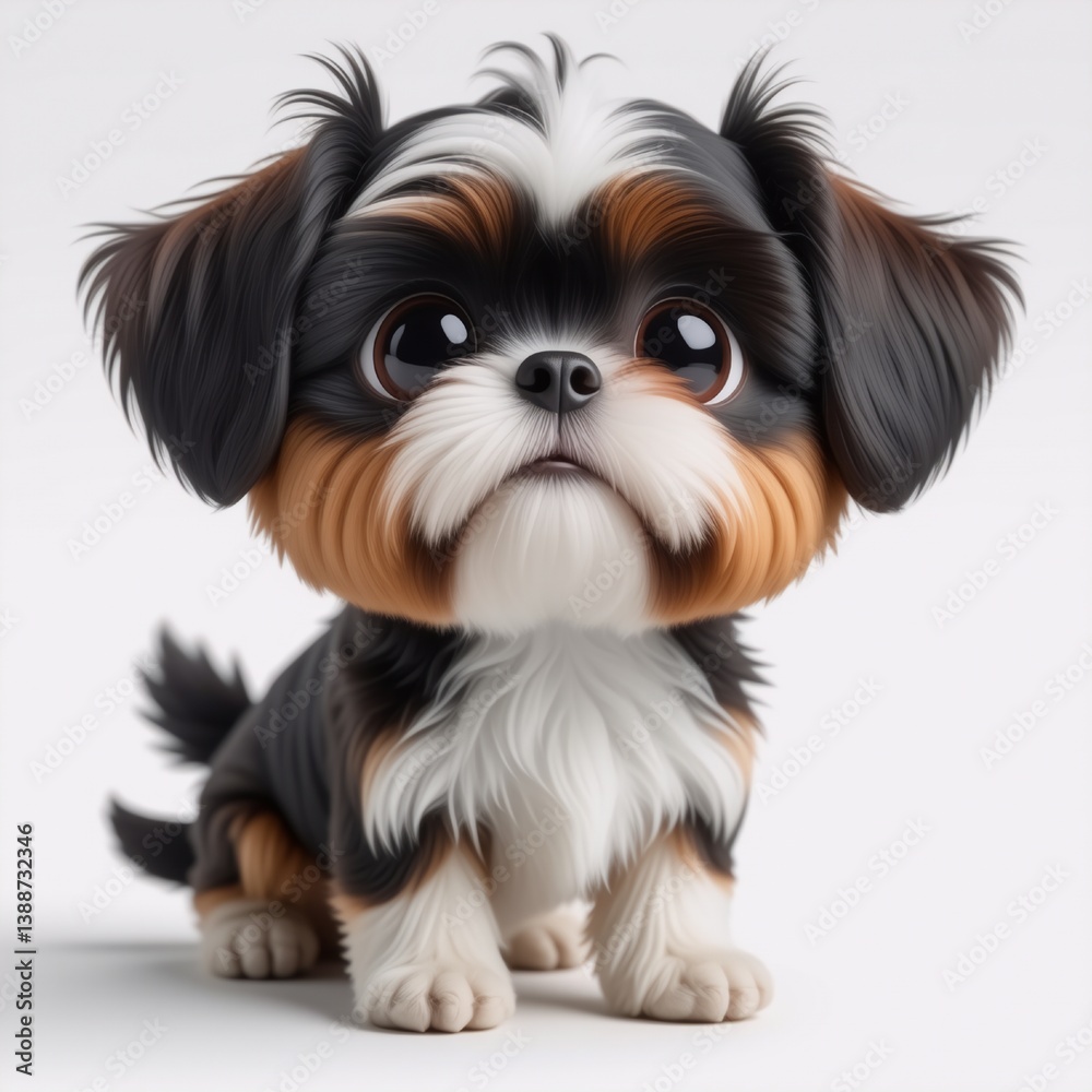 Poster a fluffy puppy with big, endearing eyes and tri-colored fur sits attentively against a plain backgro
