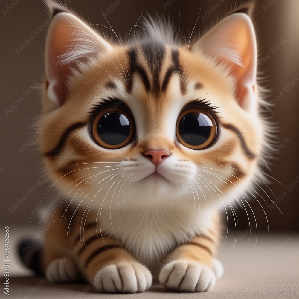 Aufkleber a fluffy kitten with big eyes and striped fur gazes forward. the cute feline is sitting on a soft su