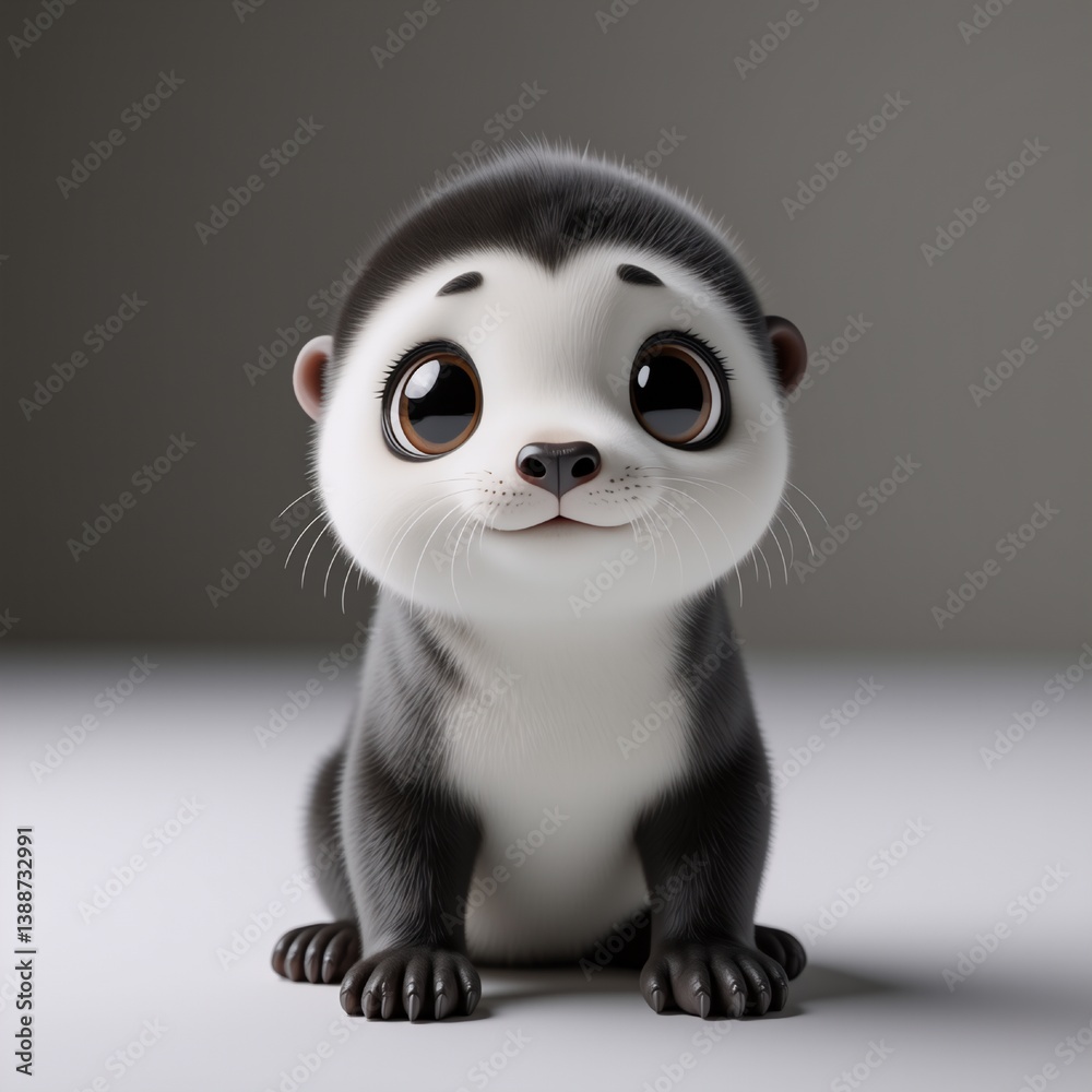 Poster a charming baby otter with big, innocent eyes gazes directly forward. its soft, black and white fur 