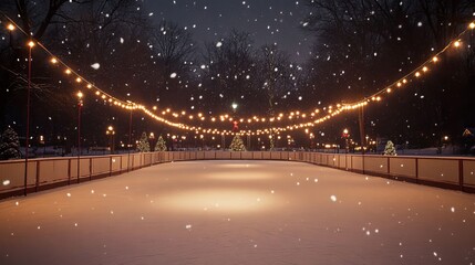 Snowy Night at the Ice Skating Rink with String Lights