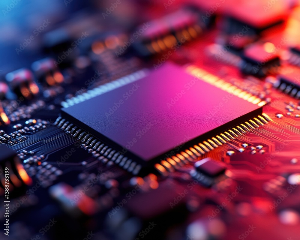 Poster Quantum Edge Microchip Innovation Next-Gen Neural Processing Technology with Cyberpunk Gradient Aesthetic for AI and Computational Frontiers