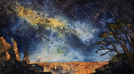 Generic Grand Canyon Scene Night Starry Watercolor