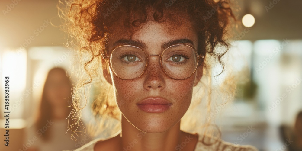 Poster empowered gen z professional authentic curly-haired workspace portrait with golden light, showcasing
