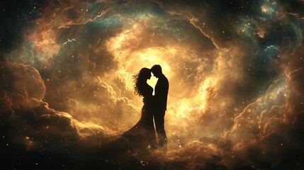 Fototapeta premium Couple's silhouette holding each other close amidst swirling clouds and a glowing galaxy symbolizing love and romance on a Valentines evening