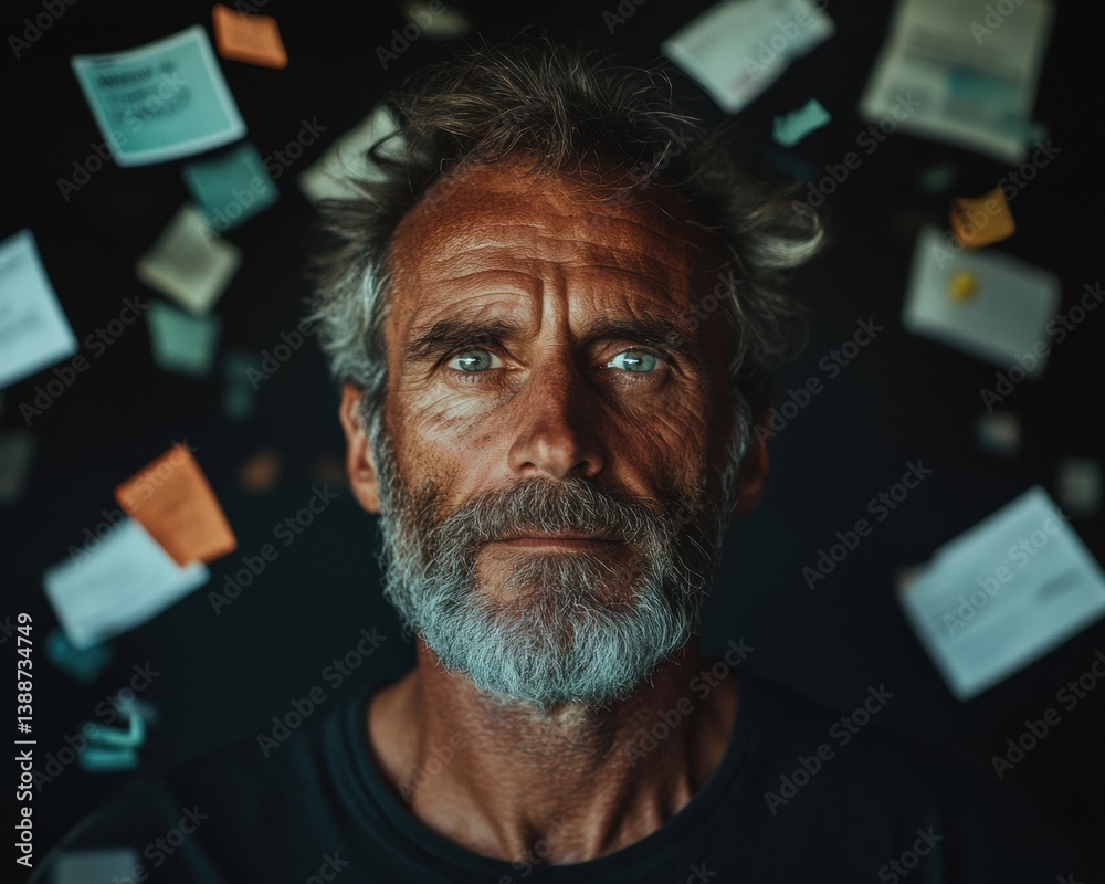 Poster Mindful Productivity Revolution Mature Professionals Introspective Moment in Dynamic Workflow Management - Capturing Gen X Resilience and Strategic Complexity