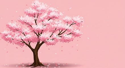 Fototapeta premium Blooming Cherry Tree with Pink Blossoms on Pastel Background Illustration