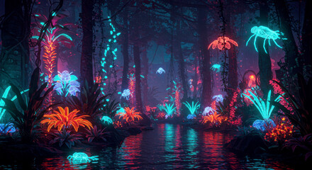 Cyberpunk neon jungle background with glowing plants at night.