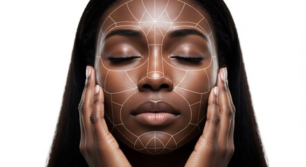 Close-up portrait of a young Black woman with a geometric grid overlay on her face, eyes closed, hands gently touching her cheeks, against a white background.