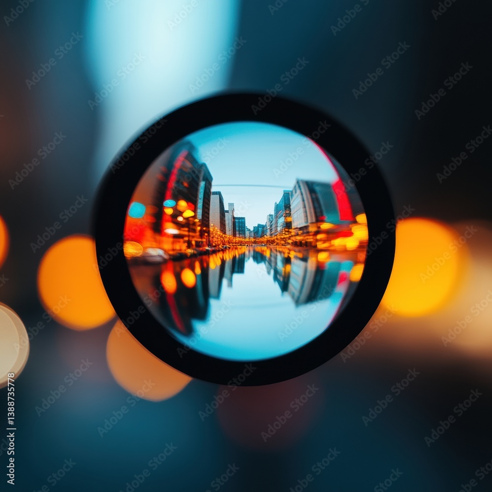 Poster hyper-focused urban perspective minimalist lens capturing futuristic cityscape reflection - innovati