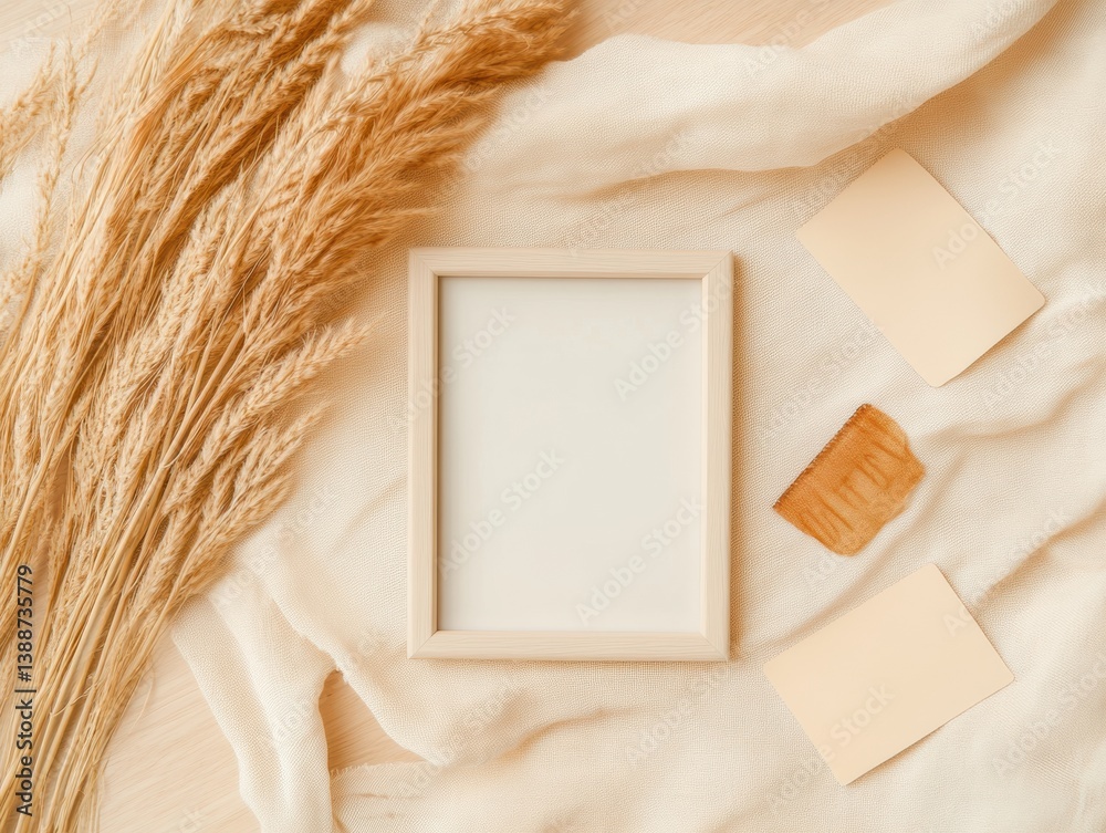 Aufkleber Soft Minimalist Memory Frame Bohemian Aesthetic Mockup with Pampas Grass and Neutral Textures - Versatile Branding Content for Lifestyle Creators