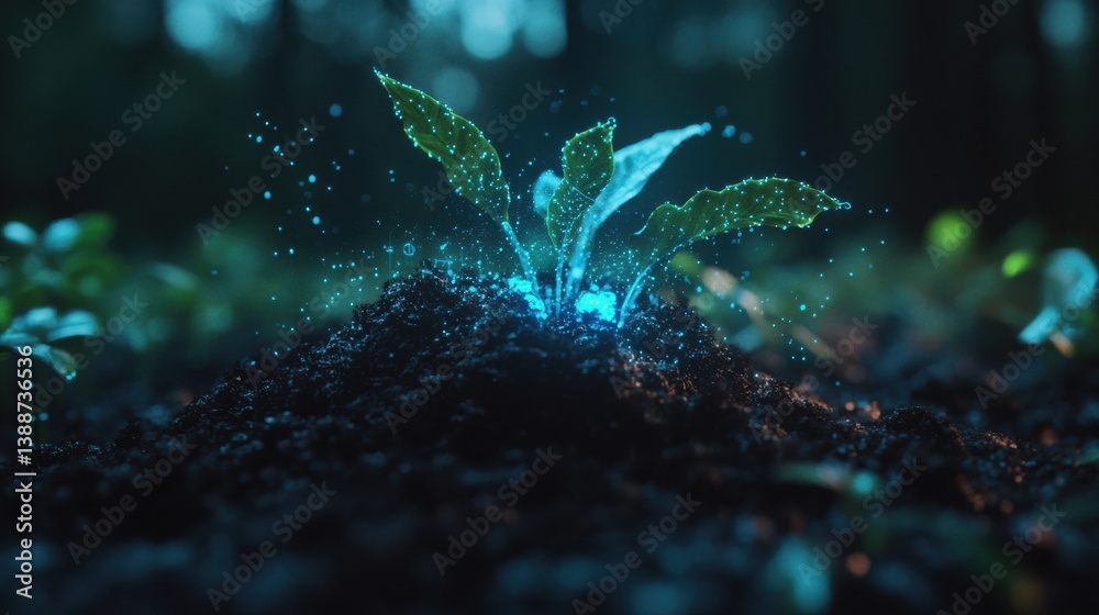 Leinwandbilder Emerging Tech Ecosystem Bioluminescent Plant Growth Visualization with IoT Sensor Data - Sustainable AgriTech Innovation in Precision Agriculture