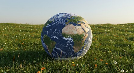 Earth Globe Resting in Grassy Field with Flowers Under Clear Sky