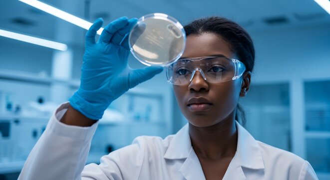 Portrait of a Focused Female Scientist Examining a Petri Dish in a Modern Laboratory Setting - Powered by Adobe