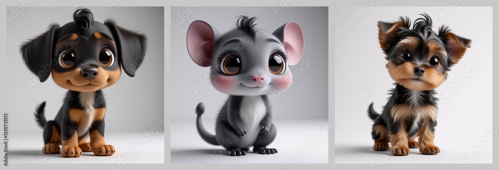 Poster A captivating image features three adorable creatures: two dogs and a cute mouse. Each has expressive eyes and a playful expression, exuding charm against a simple background. The pups and mouse are f