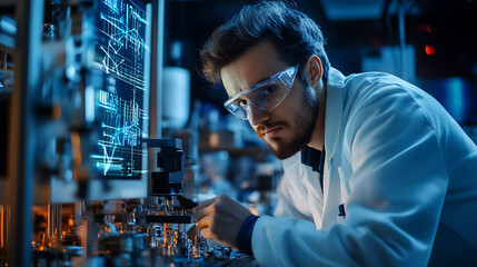 A quantum computing scientist testing quantum algorithms for financial simulations, lab with quantum processors and financial modeling data visible, High-tech style