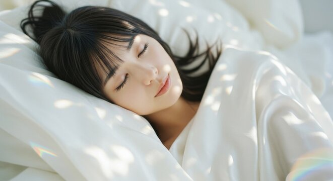 ベッドで眠る若い日本人女性のポートレート