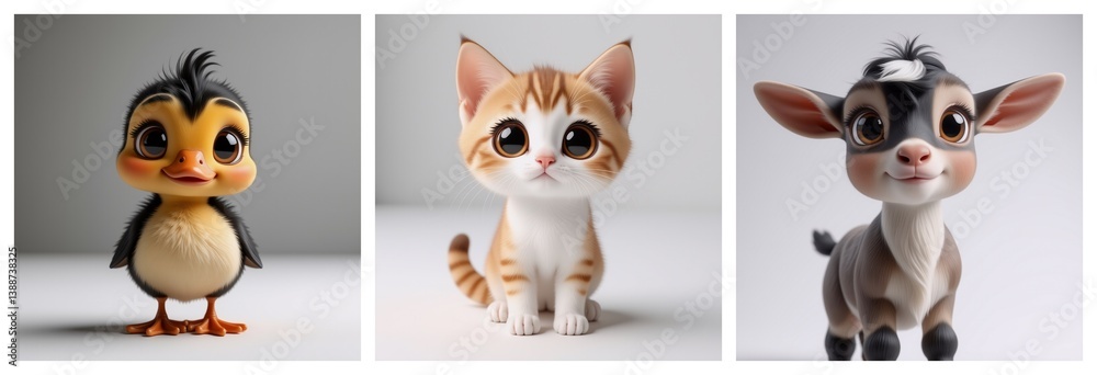 Poster adorable animal characters with large eyes and a cute appearance are displayed. the images feature a