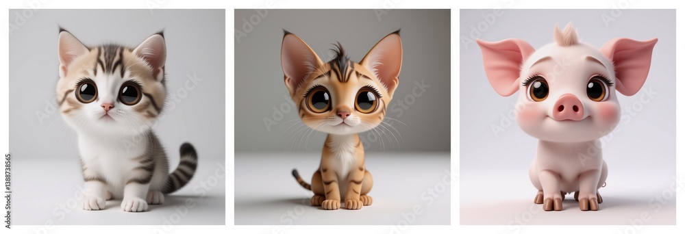Poster three adorable, wide-eyed creatures sit side by side against a plain background. a kitten, a differe
