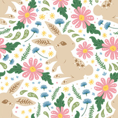 Beautiful floral seamless pattern with cute rabbit bunny in spring garden meadow vibe theme for print textile fabric background wallpaper