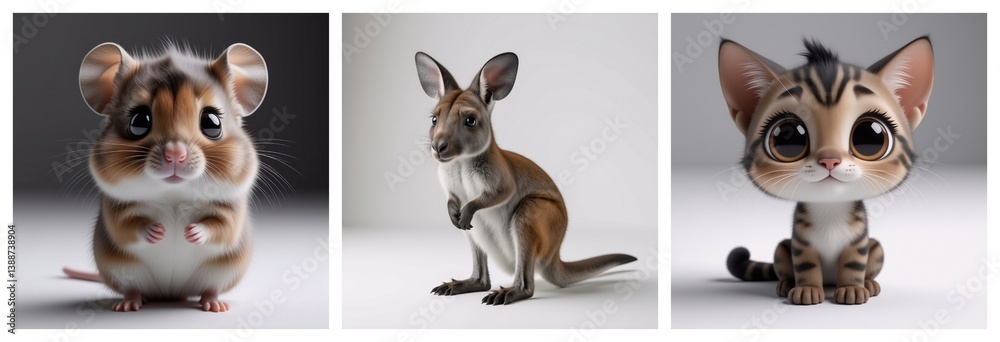 Poster whimsical depictions of three endearing animals: a mouse, a kangaroo, and a kitten. each creature sh