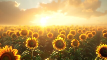 Obraz premium Golden Hour Sunbeams Illuminate a Vast Sunflower Field at Sunrise