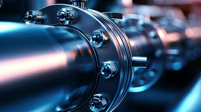 Close-up of industrial metal piping in a factory setting