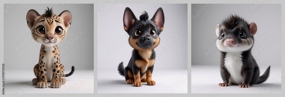 Aufkleber three adorable cartoon animals are shown: a spotted cub, a dog with a joyful expression, and a small