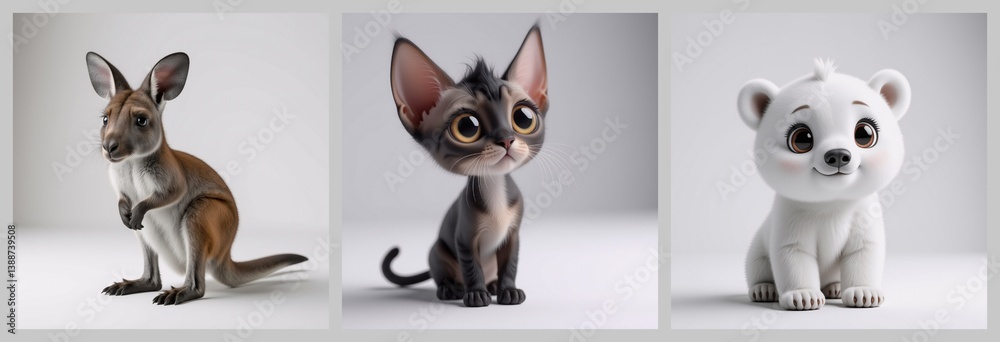 Poster a whimsical collection of stylized animals is presented. a kangaroo, a cat, and a bear cub are featu