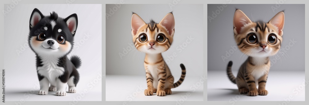 Poster the image presents three adorable, stylized animal illustrations. a puppy with a black and white coa