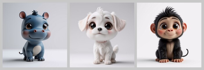 Obraz premium Three charming cartoon animals stand against a neutral background. A blue hippo, a white dog, and a monkey present adorable expressions. Each creature is cute and rendered in a stylized manner.
