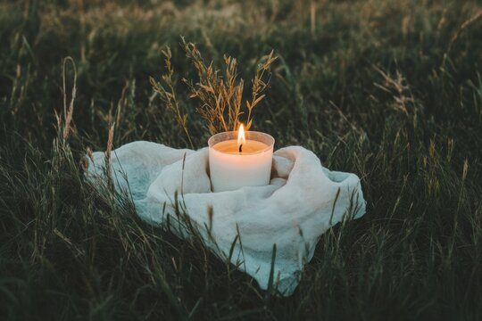 Rustic Mindfulness Ritual Ethereal Spring Candle Meditation in Wild Grasslands - Wellness Sanctuary and Sustainable Lifestyle Storytelling