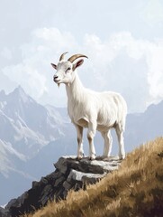 Obraz premium White Goat Standing on Rocks with Mountain Vista and Cloudy Sky