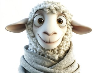 Naklejka premium Smiling Cartoon Sheep Wearing a Scarf Against a White Background