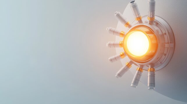 Innovative Advances in Nuclear Reactor Technology, Futuristic light source with a glowing center and intricate mechanical design.