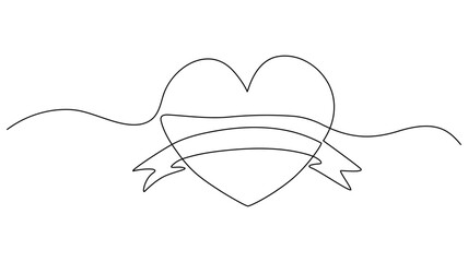 Minimalist, Continuous One line drawing of a heart with ribbon, perfect for love themed designs.