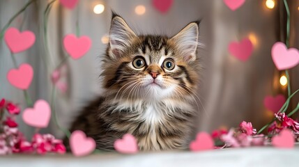 Fluffy kitten with tender eyes surrounded by valentine's day decorations and pink hearts perfect for a greeting card for February 14