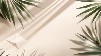 Beige background with palm leaves and shadows.  Possible use  product photography