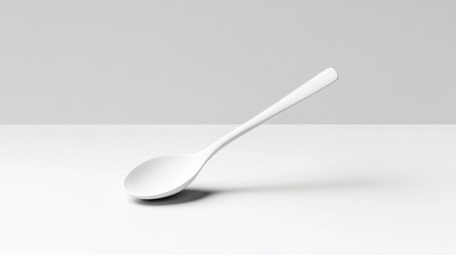 A simple white spoon rests on a white surface. The spoon is smooth and sleek. The image is cleanly composed, with minimal background. The lighting is even and bright, creating a high-quality, minim
