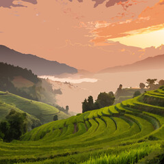 Create a vibrant illustration of a breathtaking sunrise over a tranquil teal lake, showcasing misty mountains and lush greenery.